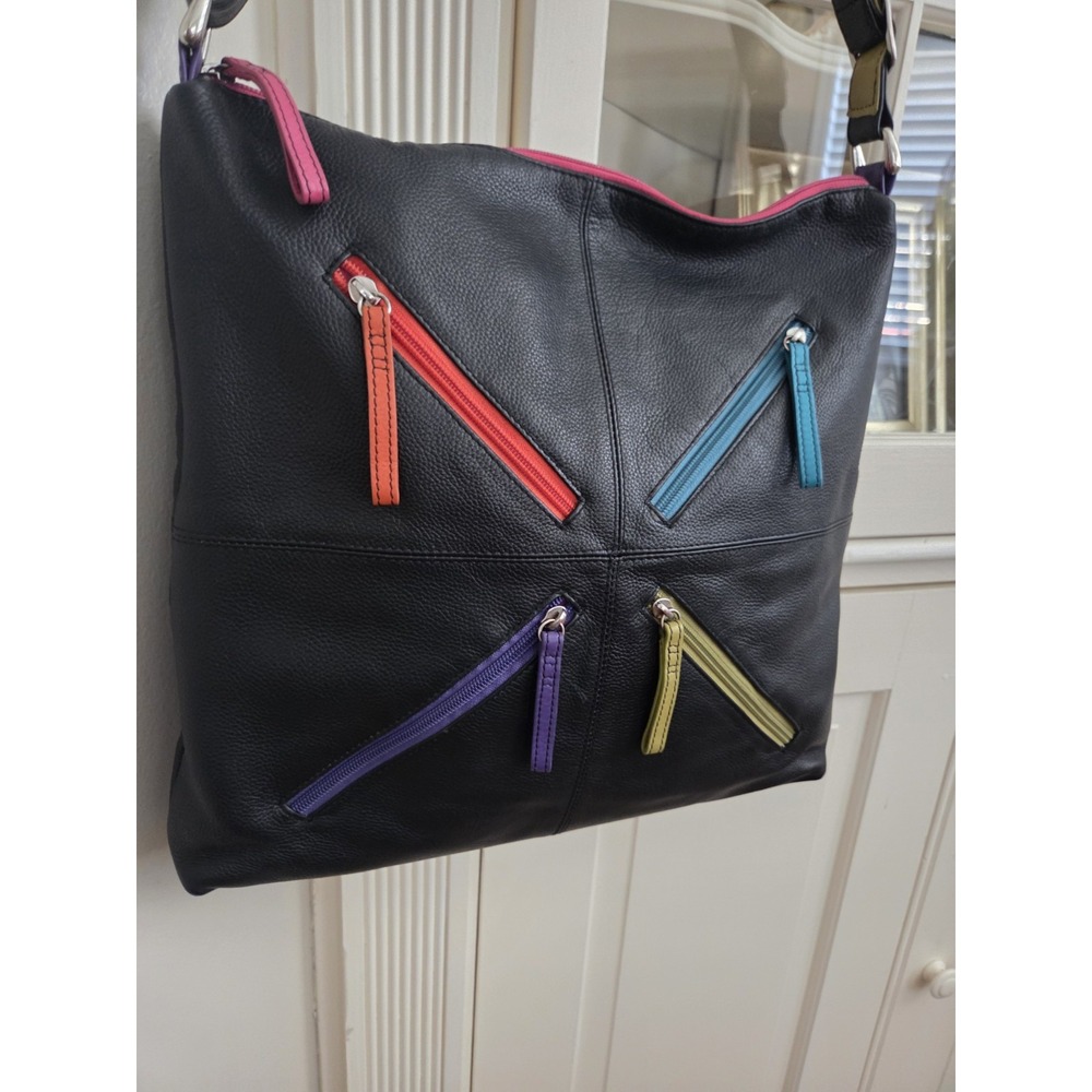 Vtg ili Leather Crossbody Bag Purse Colorful Zips 80s 90s Y2k‎ Hobo Classic Fun
